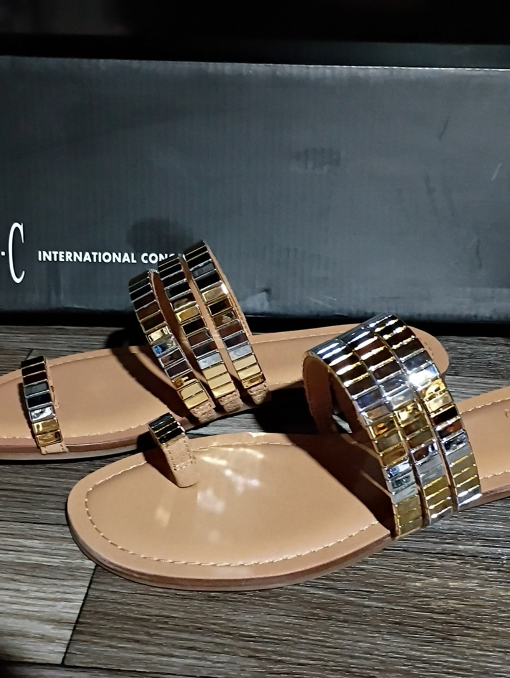 INC International Concepts Tan Sandals with Gold & Silver Mirror Accents